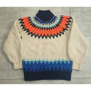 Anthropologie Pilcro Fair Isle Boucle Mock Neck Sweater Orange Blue Cream Small